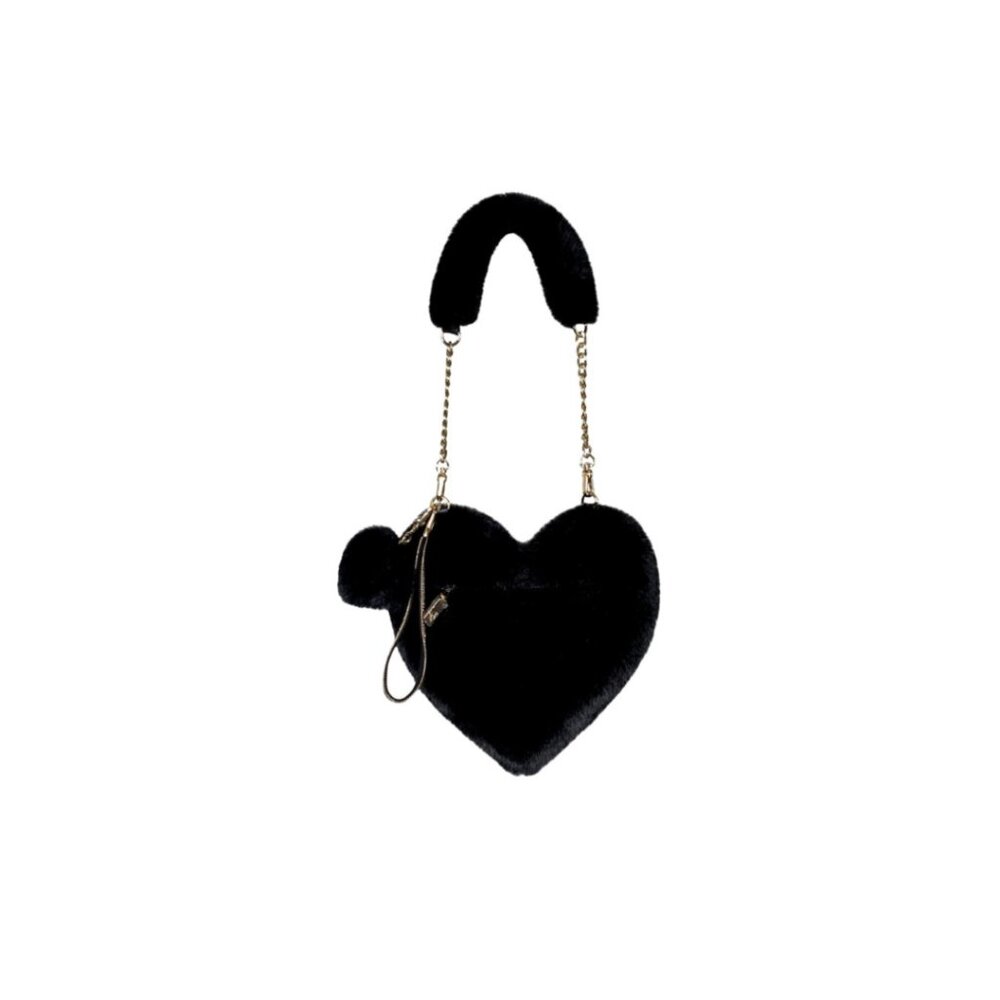 NWT Jay Ley Black Vegan Faux Fur Heart Shape Bag w/ Gold Chain